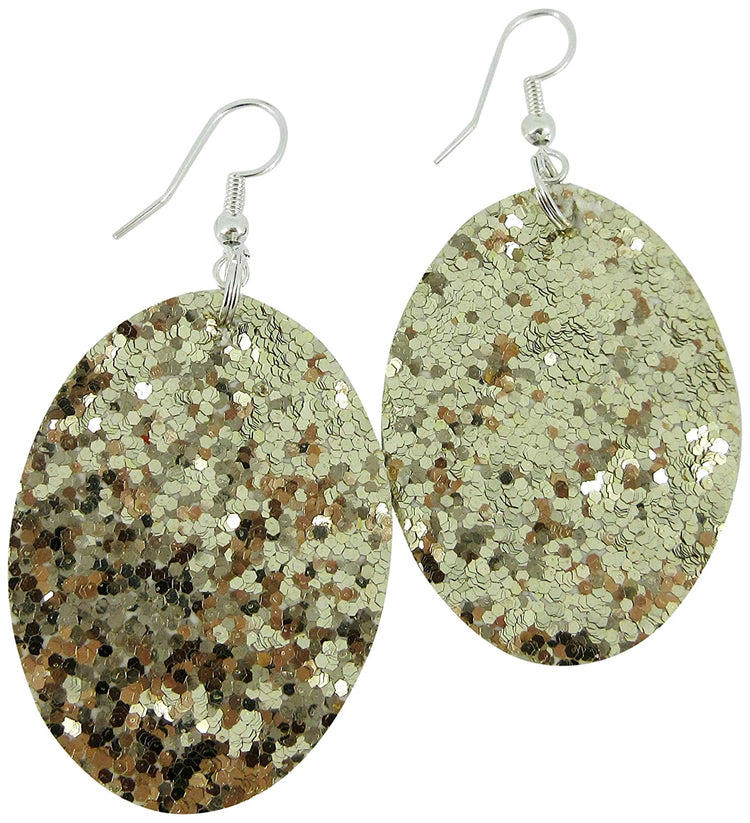 Silver-tone Glitter Faux Leather Oval Dangle Earrings (Peachy Pink)
