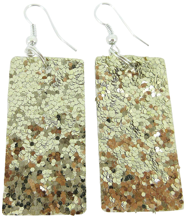 Gold Glitter Faux Leather Large Rectangle Dangle Earrings