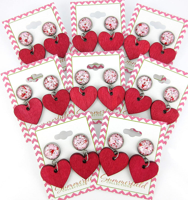 Stainless Steel Pink White Glitter Glass Red Heart Wood Drop Earrings