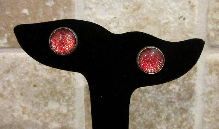 Antiqued Gold-tone Red Glitter Glass Stud Earrings Hand-painted 12mm