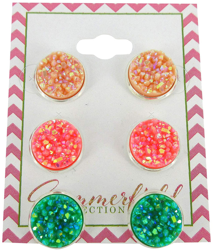 Peaches and Green Trio Silver-tone Stud Earrings 12mm Nude Coral AB Faux Druzy Stone Set