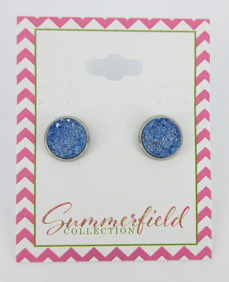 Stainless Steel Glacier Blue Faux Druzy Stone Stud Earrings