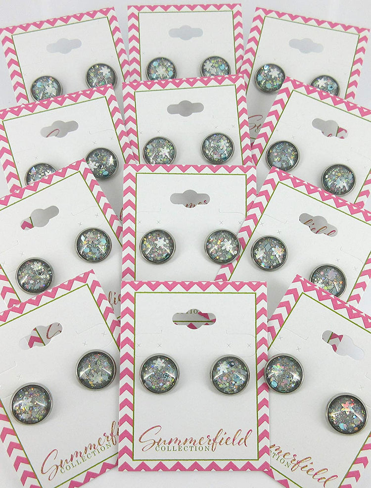Stainless Steel Gray Snowfall Glitter Glass Stud Earrings Hand-painted 12mm