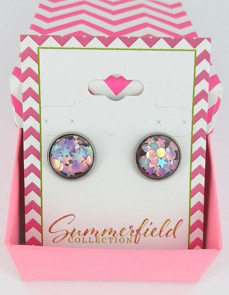 Stainless Steel Glitter Resin Globe Stud Earrings 12mm (Lilac)