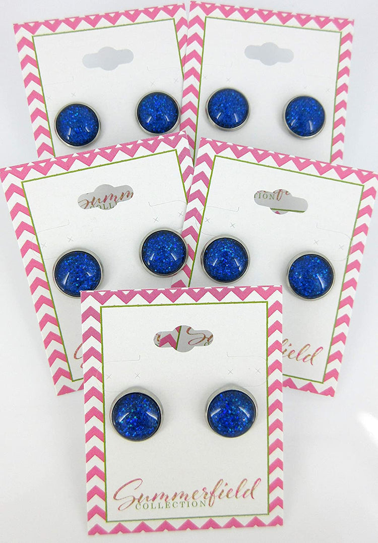 Stainless Steel Royal Blue Glitter Glass Stud Earrings Hand-painted 12mm