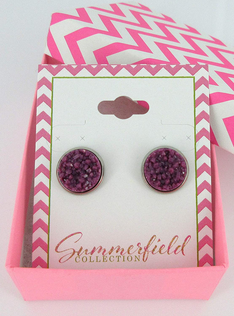 Stainless Steel Purple Faux Druzy Stone Stud Earrings 12mm