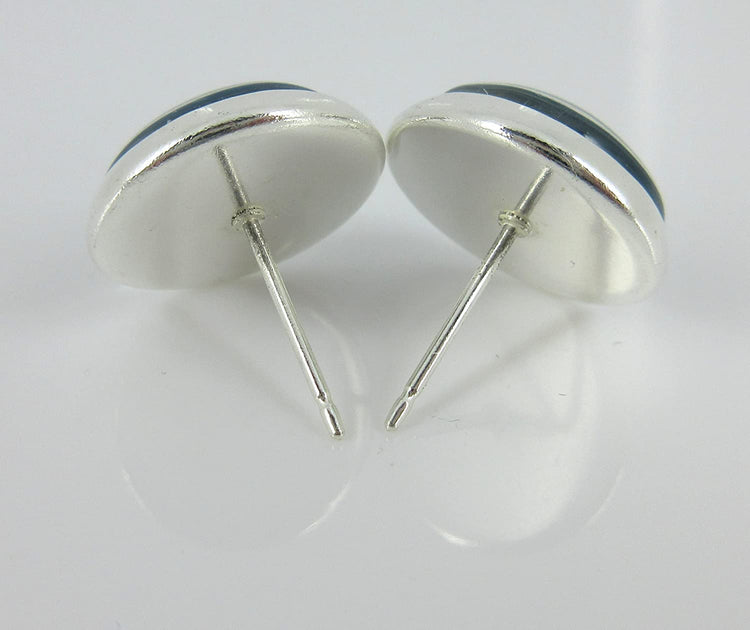 Silver-tone Blue Yellow Holographic Glitter Glass Stud Earrings Hand-painted 12mm