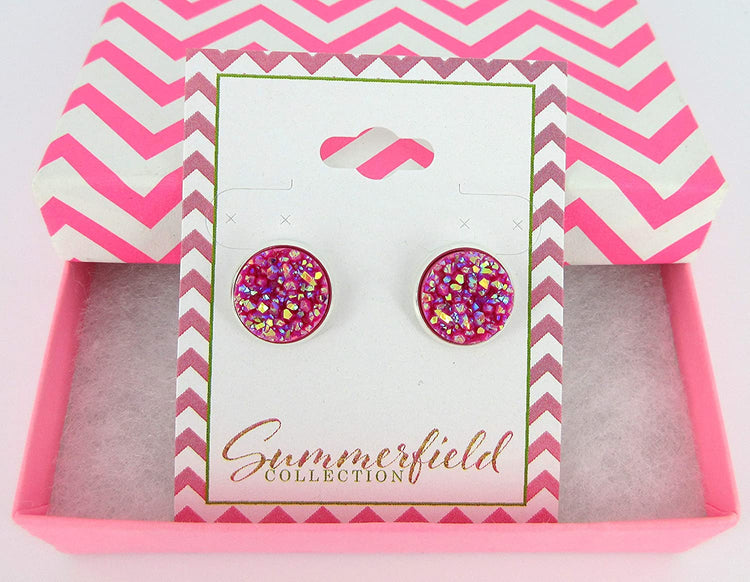 Silver-tone Stud Earrings Magenta AB Faux Druzy Stone 12mm