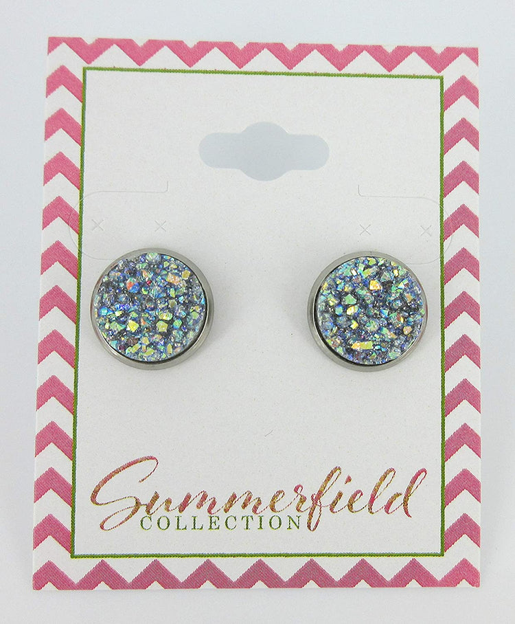 Stainless Steel Frost Blue Gray AB Glitter Faux Druzy Stone Stud Earrings 12mm