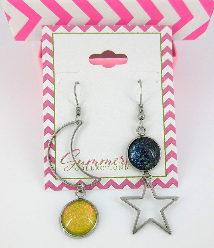 Stainless Steel Mismatch Glitter Glass Moon and Star Charm Dangle Earrings