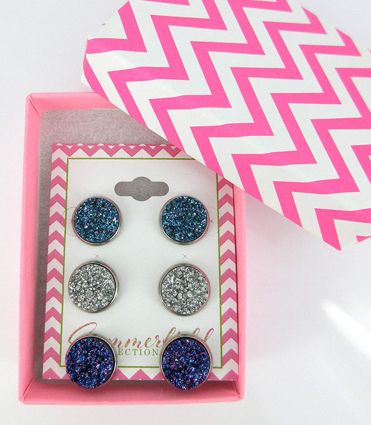 Stainless Steel Purple Silver and Blue Glitter Faux Druzy Stone Stud Trio Earrings Set