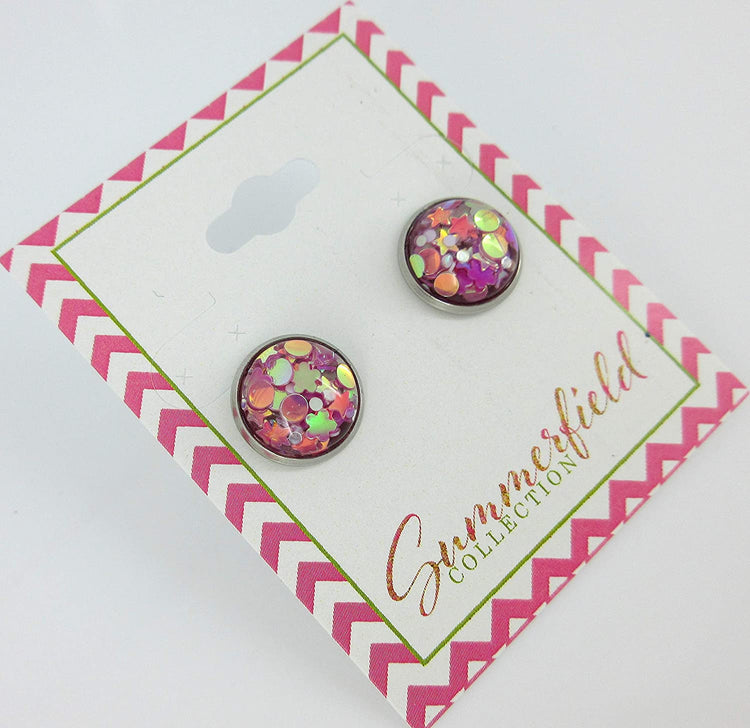 Stainless Steel Glitter Resin Globe Stud Earrings 12mm Magenta