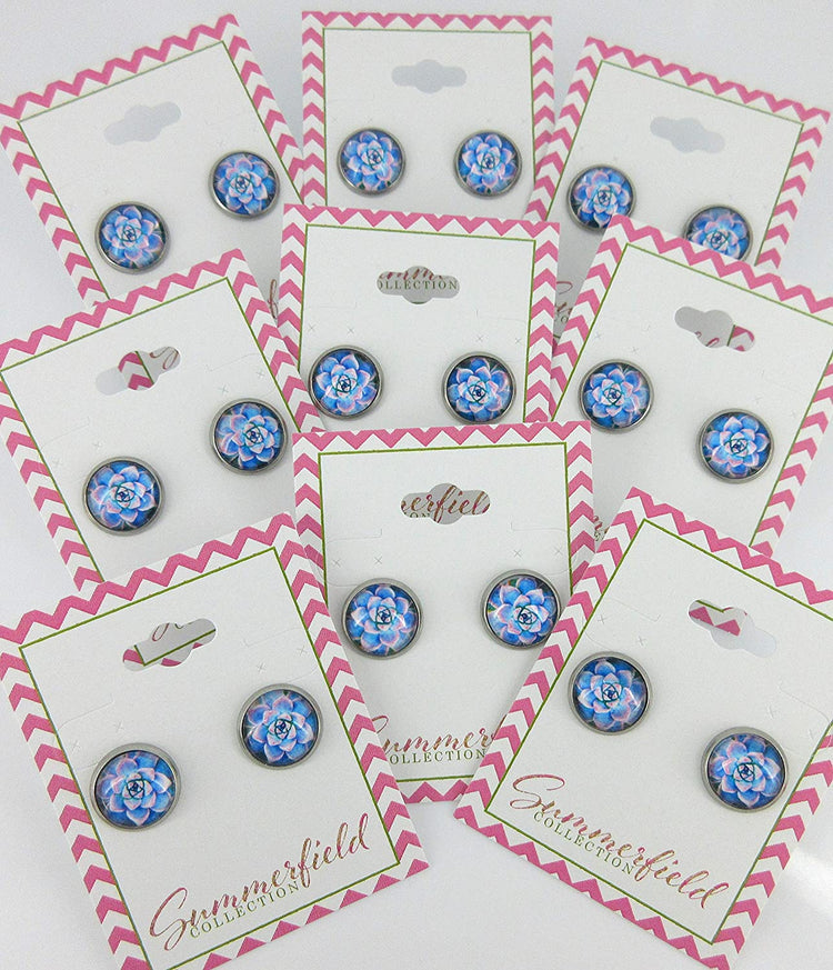 Stainless Steel Pink and Blue Succulent Plant Print Glass Stud Earrings 12mm