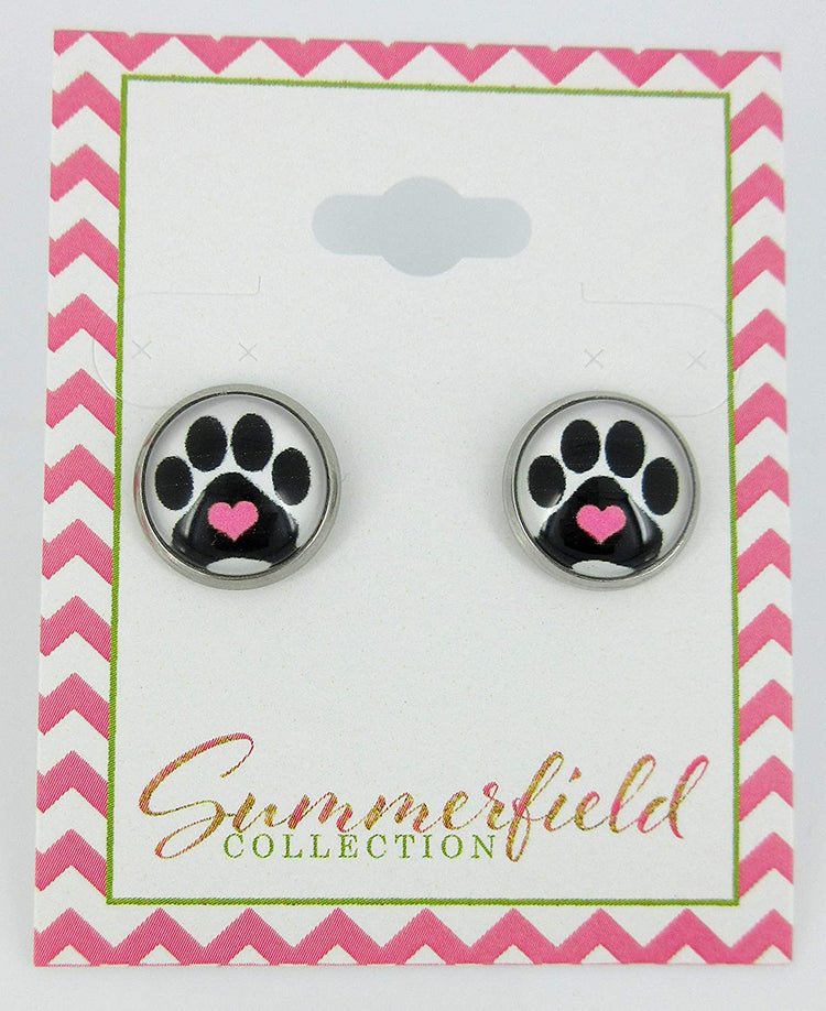 Stainless Steel Black and White Paw Print Pink Heart Glass Stud Earrings 12mm