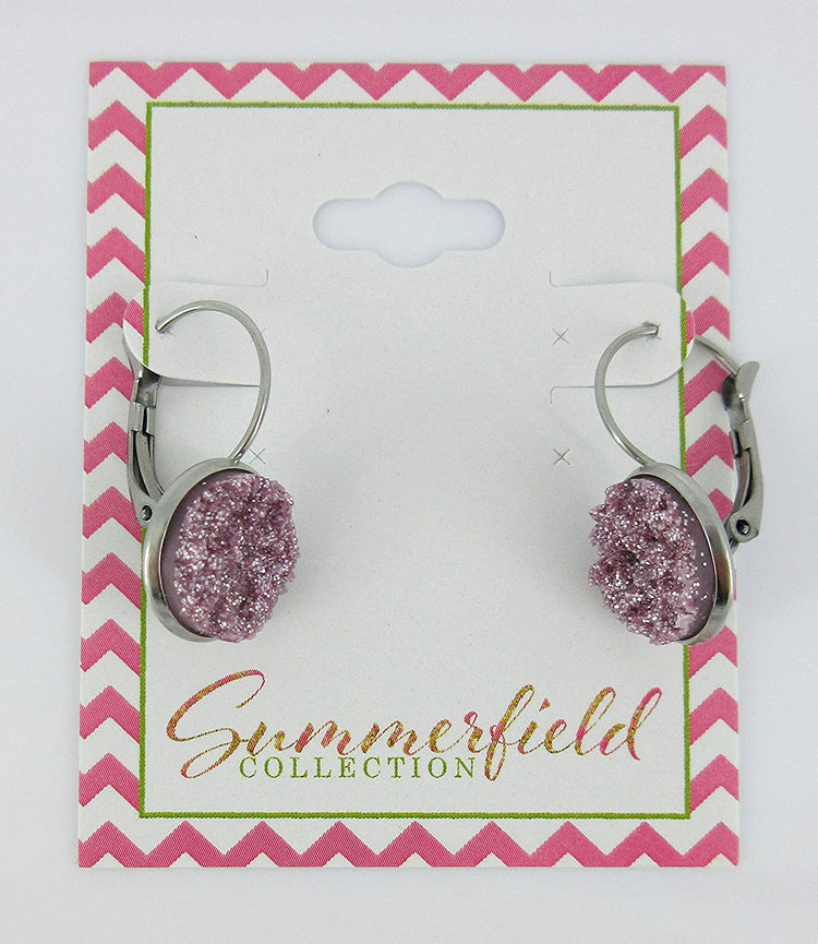 Stainless Steel Lilac Glitter Faux Druzy Stone Lever-back Drop Earrings 12mm