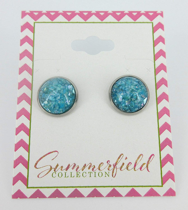 Stainless Steel Seafoam Blue Faux Shell Stud Earrings 12mm
