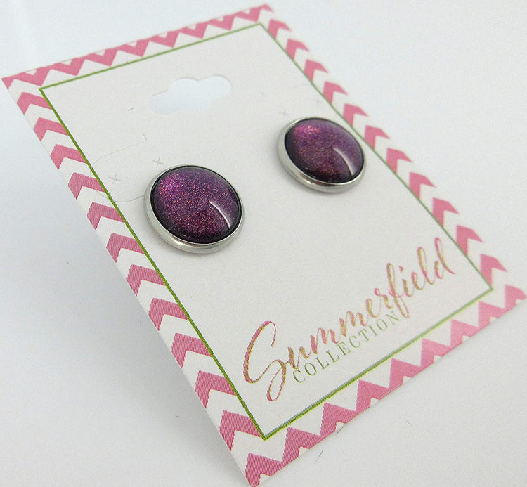 Stainless Steel Purple and Red Glitter Glass Stud Earrings Hand-painted 12mm