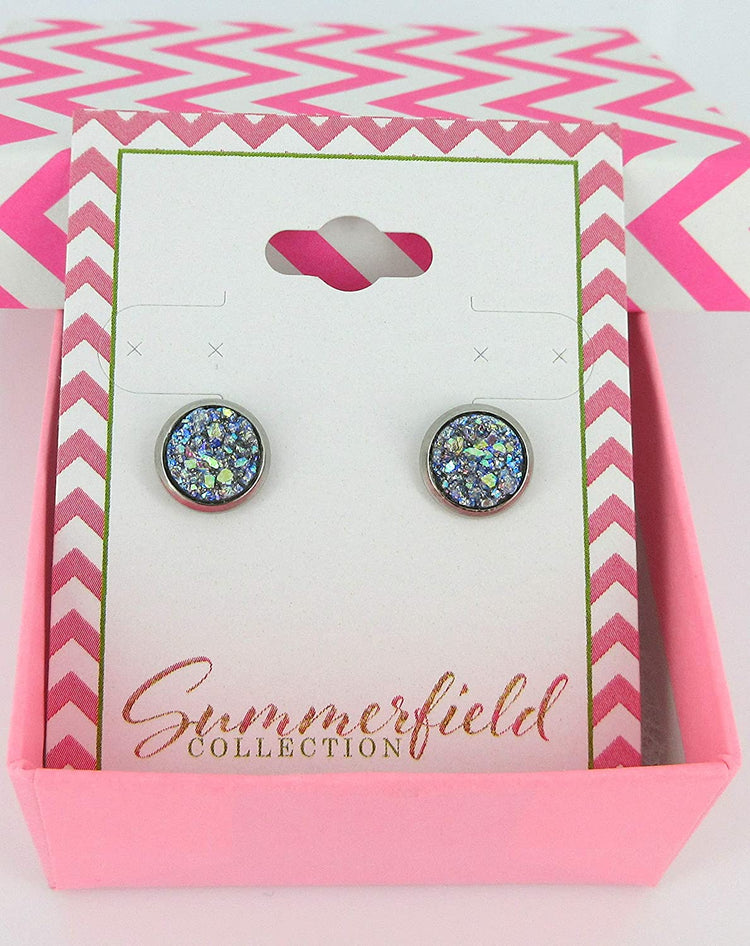 Stainless Steel Frost Blue Gray AB Glitter Faux Druzy Stone Stud Earrings 8mm