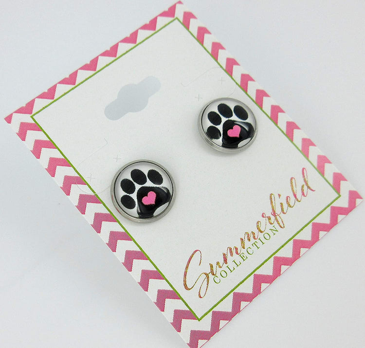 Stainless Steel Black and White Paw Print Pink Heart Glass Stud Earrings 12mm