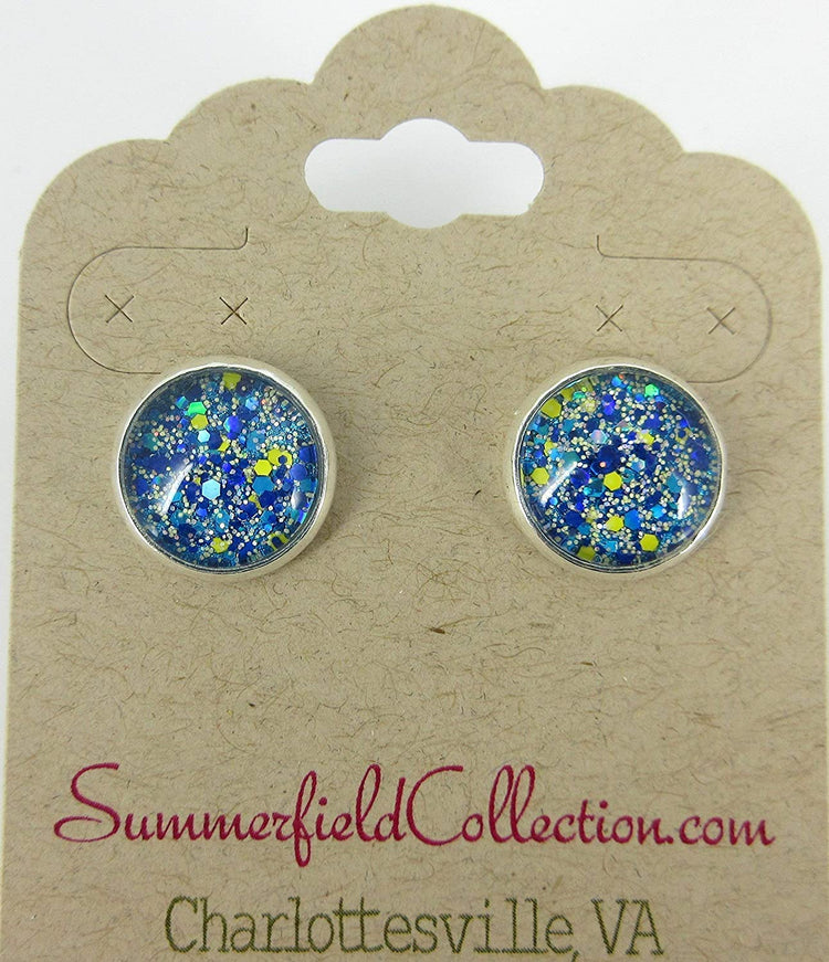 Silver-tone Blue Yellow Holographic Glitter Glass Stud Earrings Hand-painted 12mm