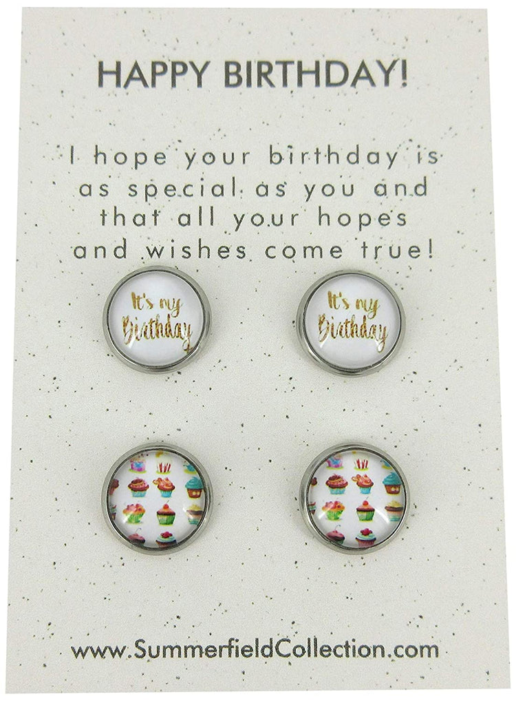 Duo Stud Earrings Stainless Steel Happy Birthday and Cupcake Print Glass 12mm Set