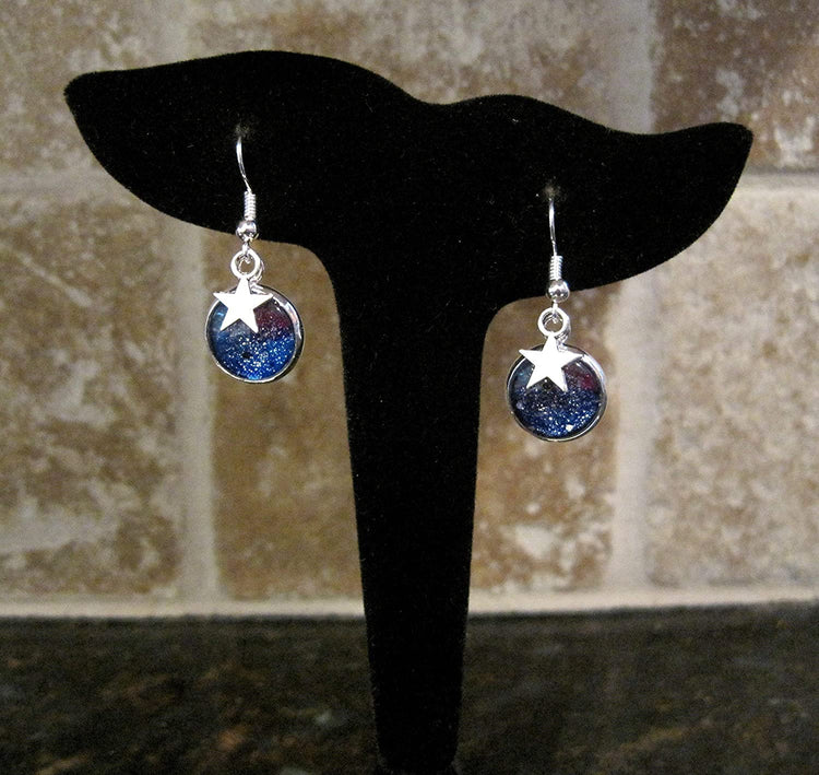 Silver-tone Glitter Glass Star Charm Galaxy Dangle Earrings Blue Purple Teal Hand-painted