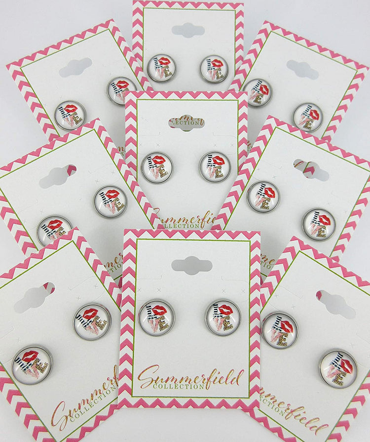 Stainless Steel Love Print Glass Stud Earrings 12mm White Animal Red Lips
