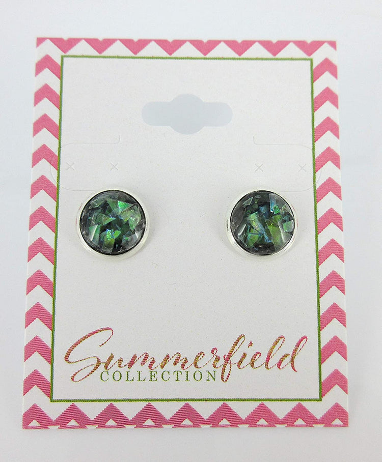 Shiny Silver-tone Black and Opalescent Leaf Resin Stud Earrings 10mm