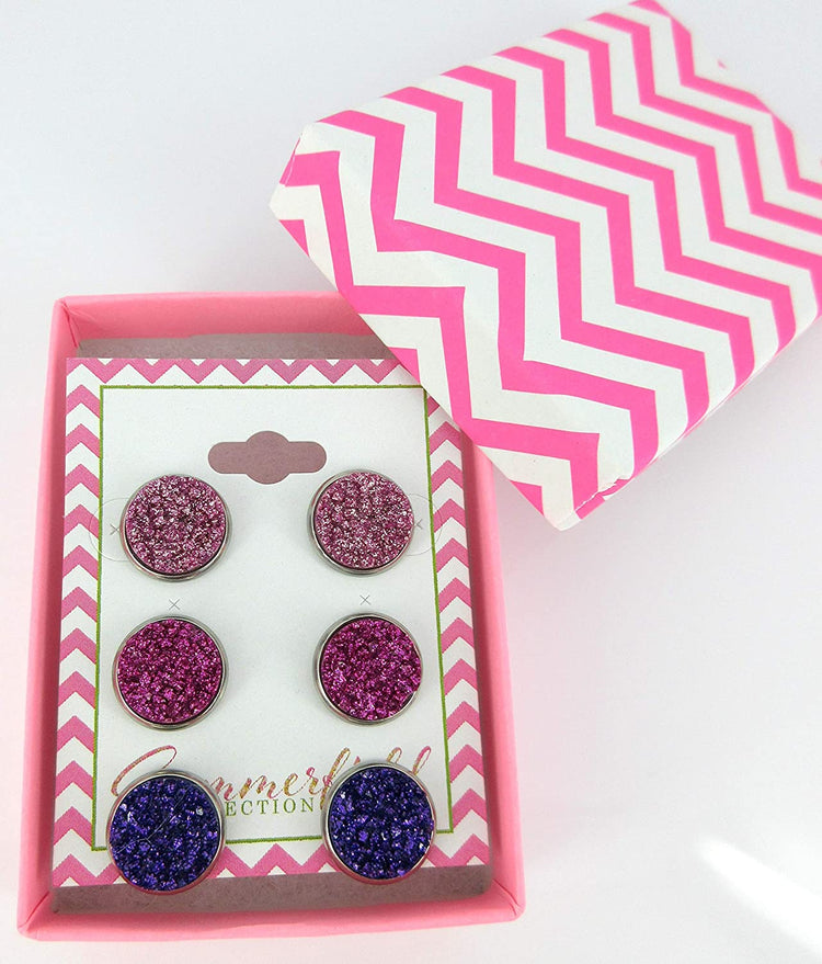 Stainless Steel Pink and Purple Glitter Faux Druzy Stone Stud Trio Earrings Set