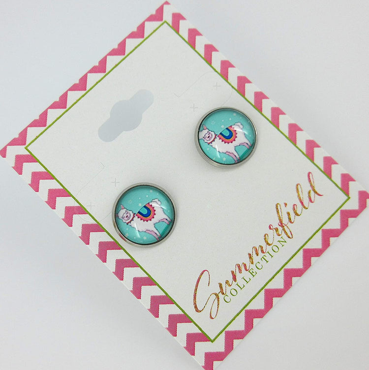 Stainless Steel Teal Llama Print Glass Stud Earrings 12mm