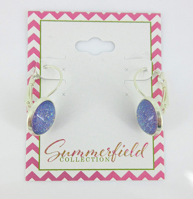 Silver-tone Periwinkle Purple Glitter Glass Lever-back Drop Galaxy Earrings Hand-painted