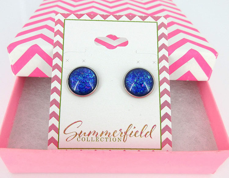 Stainless Steel Purple and Blue Holographic Glitter Glass Stud Earrings Hand-painted 12mm