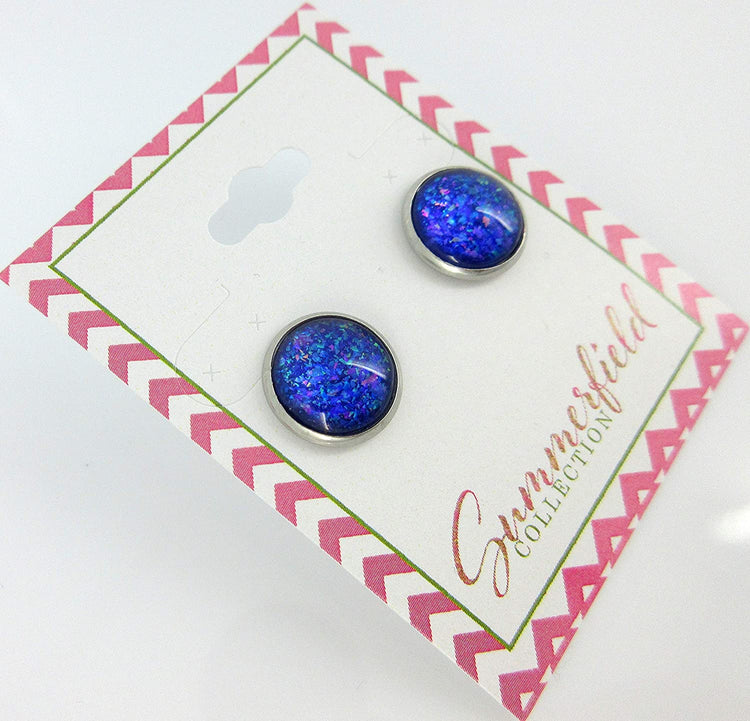 Stainless Steel Purple and Blue Holographic Glitter Glass Stud Earrings Hand-painted 12mm
