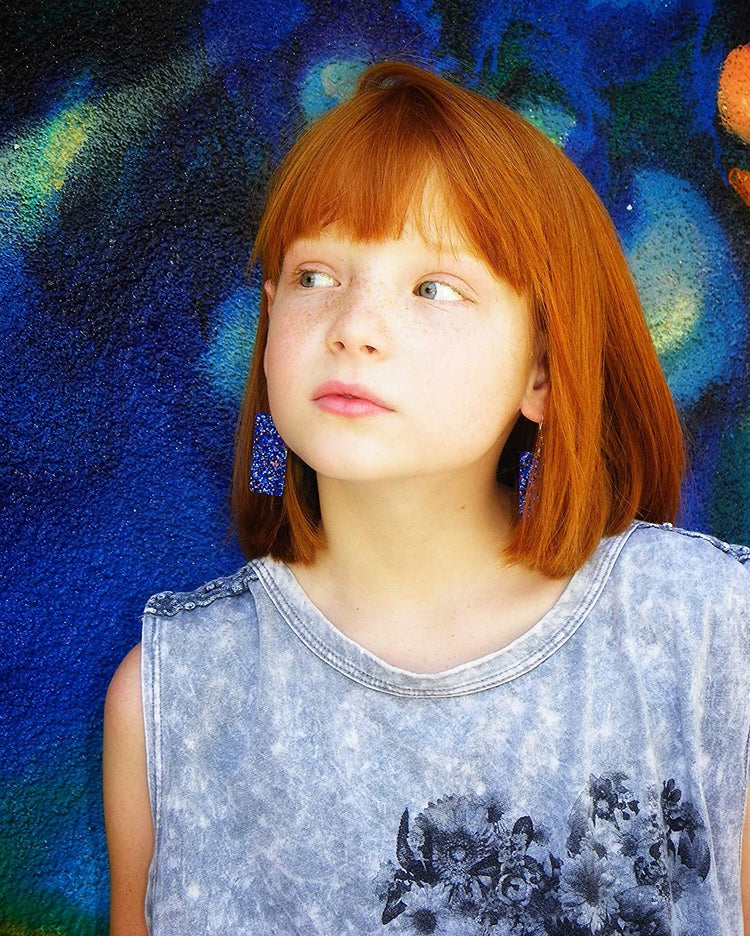 Blue with Pink and Black Glitter Faux Leather Large Rectangle Dangle Earrings