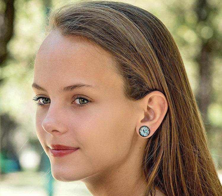Stainless Steel Mint Green and Silver Glitter Glass Stud Earrings Hand-painted 12mm