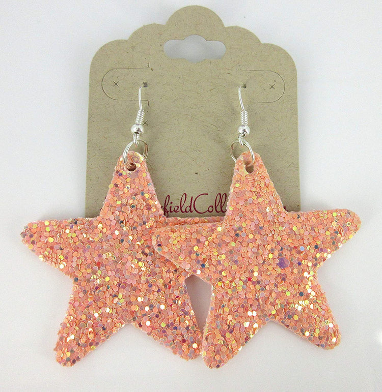 Pink Glitter Faux Leather Large Star Dangle Earrings