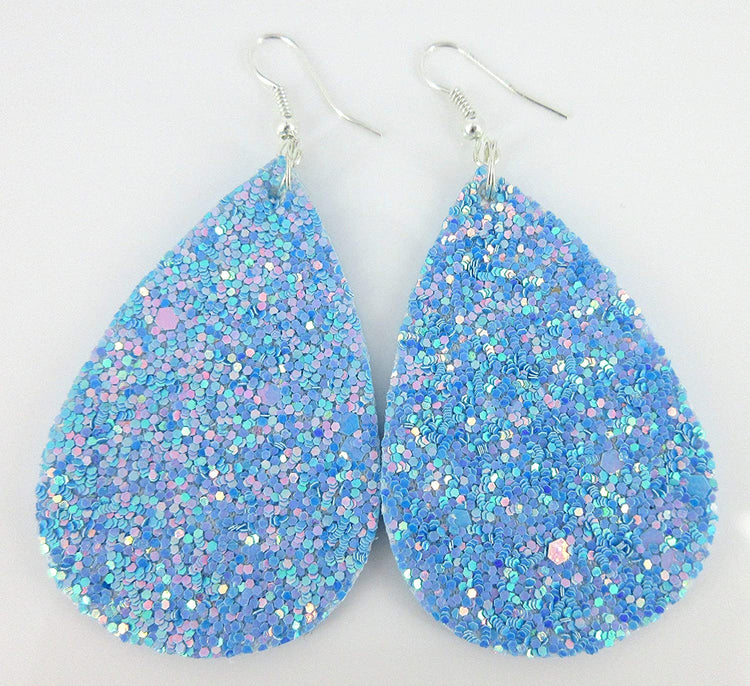 Silver-tone Glitter Faux Leather Large Teardrop Dangle Earrings