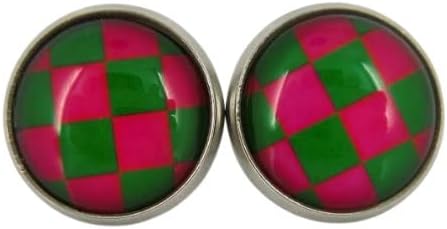 Summerfield Collection Stainless Steel Checkerboard Print Glass Stud Earrings 12mm (Pink and Green)