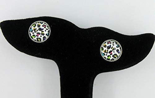 Silver-tone White and Rainbow Cheetah Animal Print Glass Stud Earrings 12mm