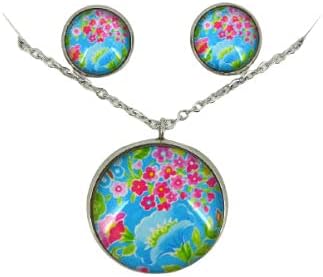 Summerfield Collection Stainless Steel Floral Printed Glass Necklace Stud Earrings Set (Blue)