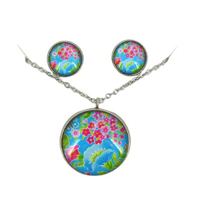 Stainless Steel Floral Printed Glass Necklace Stud Earrings Set