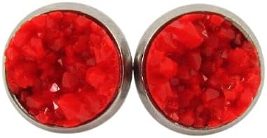 Summerfield Collection Stainless Steel Matte Faux Druzy Stone Stud Earrings 8mm (Classic Red)