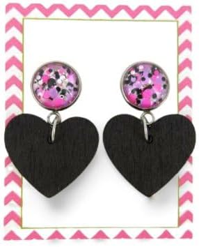 Summerfield Collection Stainless Steel Pink Purple White Glitter Glass Black Heart Wood Drop Earrings