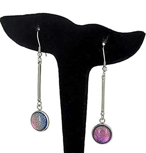 Stainless Steel Dark Pink Rainbow Colorshift Glitter Glass Matchstick Dangle Earrings
