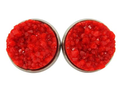 Stainless Steel Matte Faux Druzy Stone Stud Earrings 12mm (Classic Red)