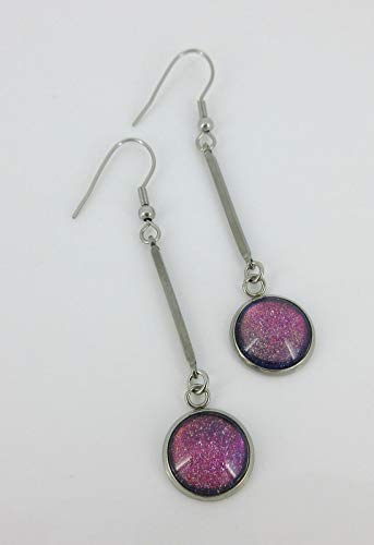 Stainless Steel Dark Pink Rainbow Colorshift Glitter Glass Matchstick Dangle Earrings