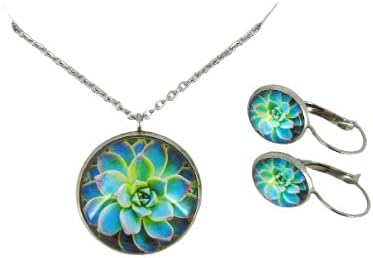 Summerfield Collection Stainless Steel Succulent Printed Glass Necklace Drop Earrings Set (Blue/Green)