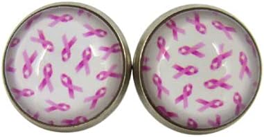Summerfield Collection Stainless Steel Pink Ribbon Breast Cancer Awareness Printed Glass Stud Earrings 12mm White