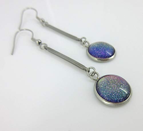 Stainless Steel Dark Pink Rainbow Colorshift Glitter Glass Matchstick Dangle Earrings