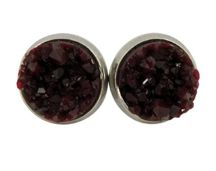 Stainless Steel Glitter Faux Druzy Stone Stud Earrings 8mm (Black Cherry)